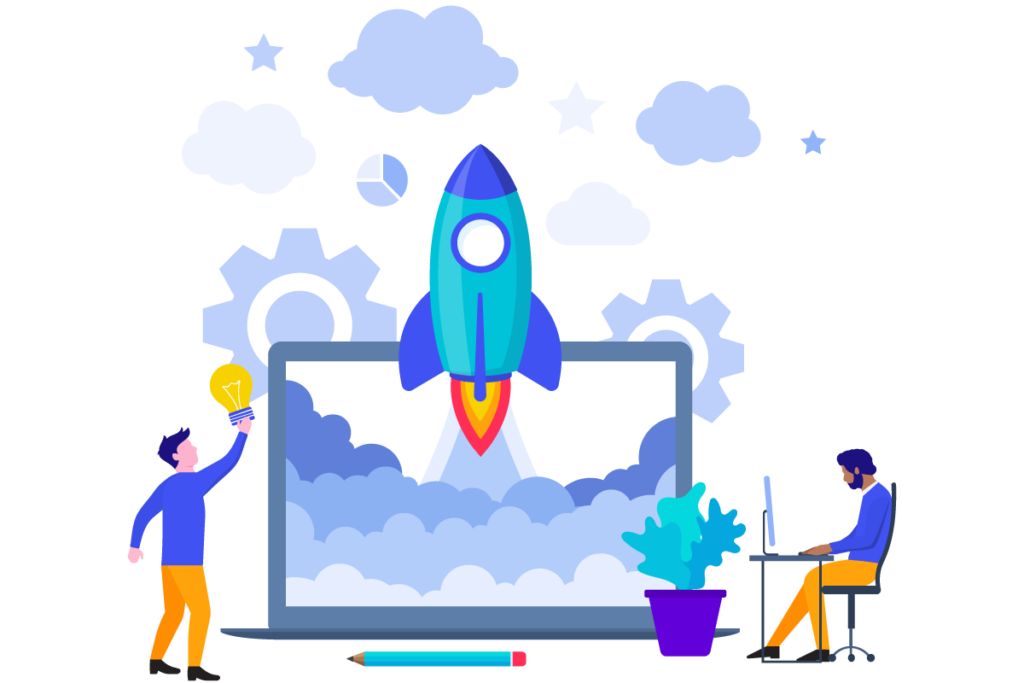 growth marketing services illustration where a rocket blasts off from a laptop depicting growth outcomes